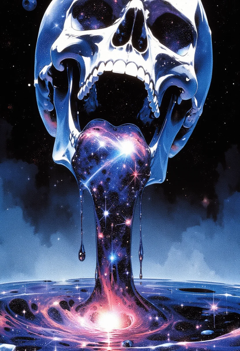 A close-up photorealistic image of a crystallic floating skull facing the viewer with its mouth open, pouring from it's mouth a shimmering liquid resembling the universe onto the ground, filled with rich stars and swirling galaxies. A simple void background enhances the dark atmosphere, shrouded in fog, capturing the hypnotic flow and shimmer of the cosmic liquid