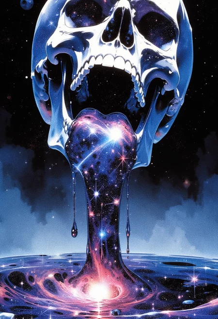 A close-up photorealistic image of a crystallic floating skull facing the viewer with its mouth open, pouring from it's mouth a shimmering liquid resembling the universe onto the ground, filled with rich stars and swirling galaxies. A simple void background enhances the dark atmosphere, shrouded in fog, capturing the hypnotic flow and shimmer of the cosmic liquid