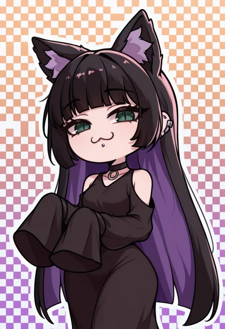 1girl, solo, checkered background, looking at viewer,
masterpiece, best quality, <lora:necoarccon-guy90-Illust-LycorisV1:1>, noccen, animal ears, :3, chibi, animal ear fluff, slit pupils, <lora:bocchi_pa-san_illustriousXL:1> p4s4n, ear piercing, lip piercing, colored inner hair, black hair, purple hair, hime cut, green eyes, long dress, black dress, shoulder cutout, sleeves past fingers, black choker, bare shoulders