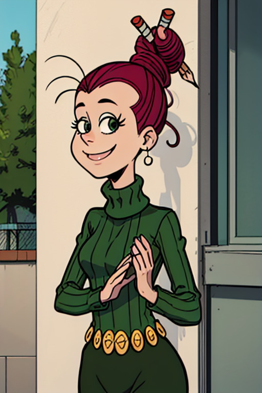 agnesj, 1girl,solo, turtleneck, pencil in hair, hair bun, single hair bun, green sweater, belt,green skirt, black eyes,looking at viewer ,smile,school,standing,hands behind back,upper body,     <lora:AgnesJohnson(3.0):0.55>