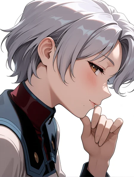 masterpiece,best quality,newest,
1girl,solo,
<lora:Sally_Saint_Ford_ilxl_v1.1:1>,s_s_f,grey hair,brown eyes,mole under mouth,s_clothes,
<lora:Fixhands_anime_bdsqlsz_V1:1>,simple_background,white_background,looking_at_viewer,blush,hand_in_hair,upper_body,profile,seductive_smile,
