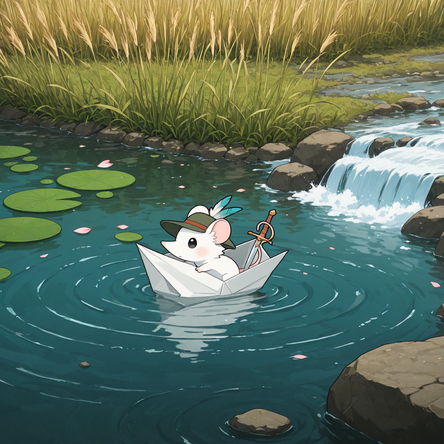 IllusP0s
,ADDCOMM,
rocks,river,grass, reeds, ripples,flowing water
,ADDROW,
river, lilypad, petals
,ADDCOL,
(little white mouse in a big white paper boat), origami, on a river, fllowing water,  dacutechibi, chibi style focus, stream, green hat feather,solo, alone, holding a tiny sword, pointy nose
,ADDCOL,
river, waterfall, flowing water, foam
,ADDROW,
rocks,river,sticks, moss, ripples,flowing water
, <lora:DaCutechibiart:1>