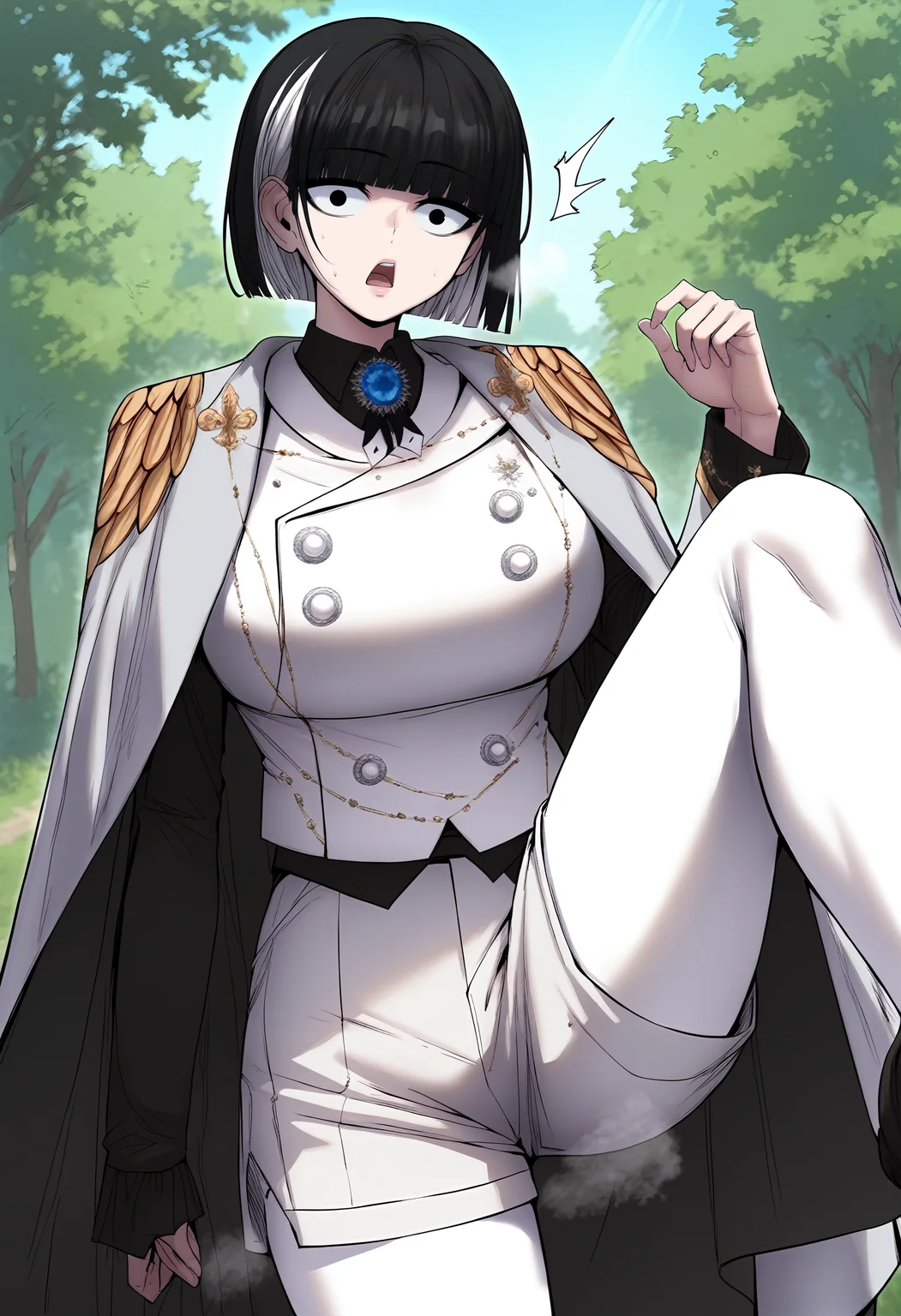 score_9, score_8_up, score_7_up, score_6_up, source_anime, rating_explicit, 1girl, (solo:1.2), huge breasts, <lora:Siaponyxl:1> black eyes, black hair, short hair, blunt bangs, multicolored hair, bob cut, white hair, streaked hair, white cape, brooch, gem, epaulettes, white vest, black shirt, long sleeves, collared shirt, buttons, short shorts, white shorts, white pantyhose, surprised, open mouth, Narrow shoulders, heavy breathing, steaming body, forest, outdoors, looking at viewer, close-up, leg up, hand up