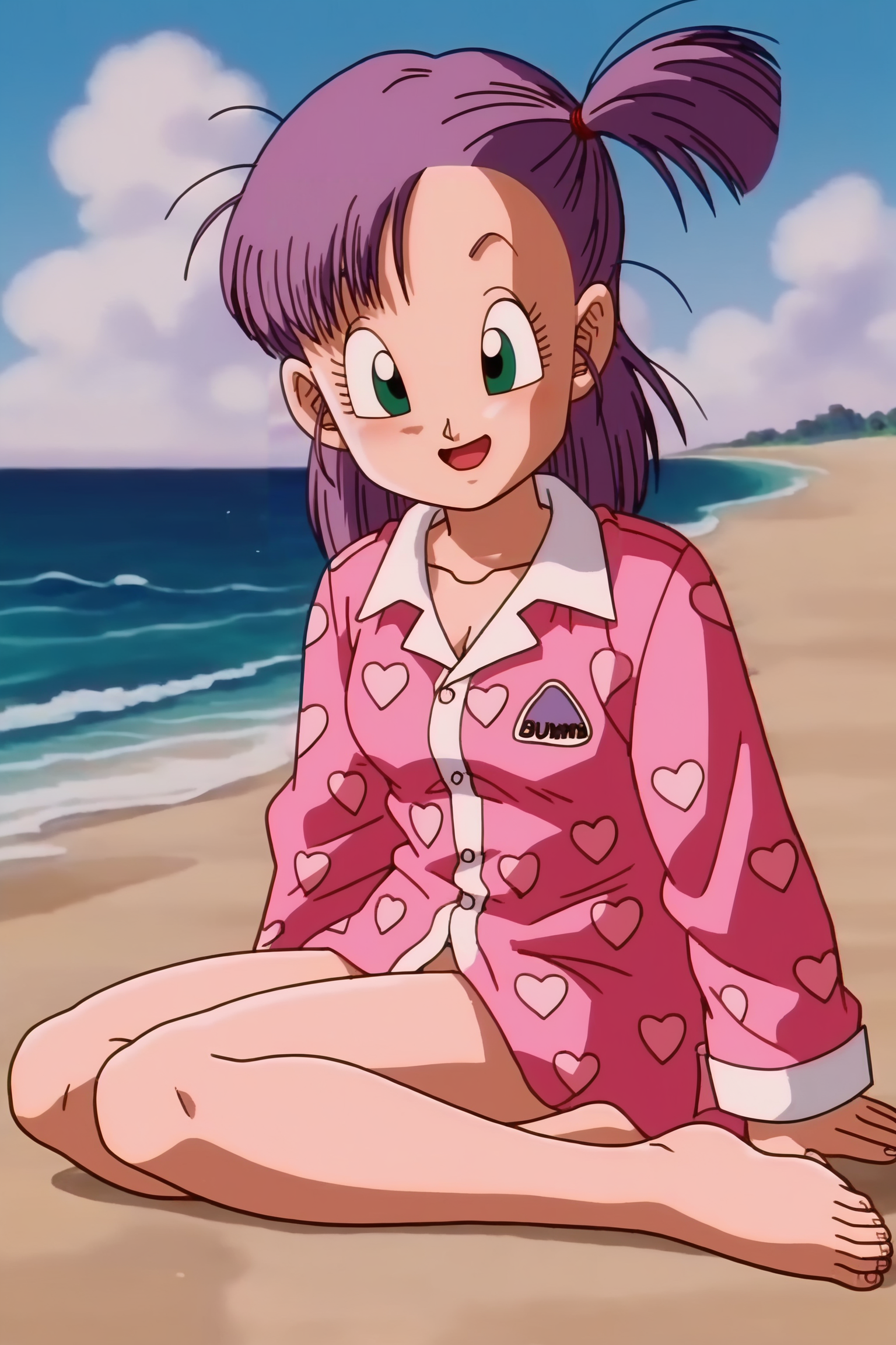 source_anime, score_9, score_8_up, score_7_up, anime screencap, absurdres,
bulma, path to power, 1girl, solo, long hair, breasts, looking at viewer, smile, open mouth, ocean, sky, cloud, day, long sleeves, beach, sitting, green eyes, full body, purple hair, heart, barefoot, one side up, pink shirt, pajamas, yokozuwari, heart print, pink pajamas, clothes writing, bottomless, toes,
<lora:DB_Bulma_v1:0.8>