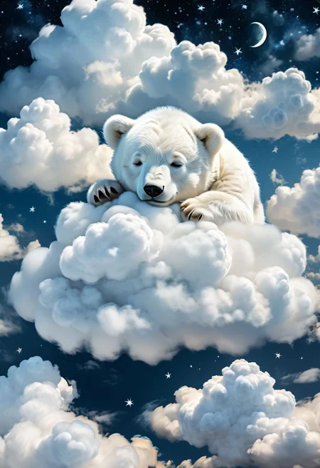A white baby bear is sleeping on the clouds. There's a moon in the night sky and no stars Removed From Image ugly, deformed, noisy, blurry, distorted, out of focus, bad anatomy, extra limbs, poorly drawn face, poorly drawn hands, missing fingers<lora:xl_more_art-full_v1:0.3> <lora:MJ52:0.4>