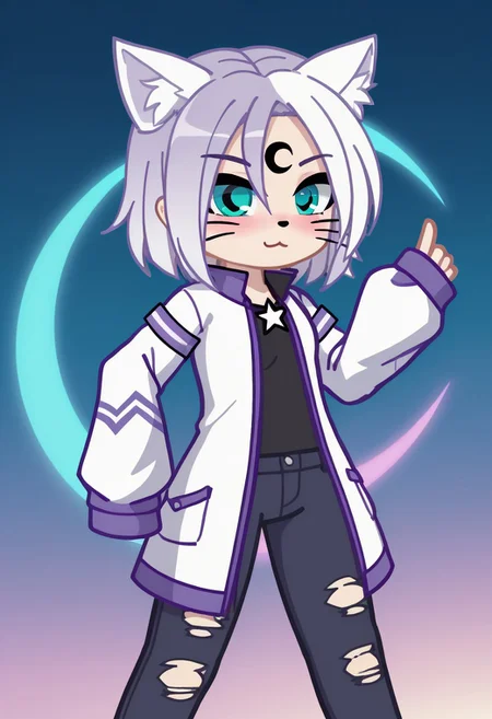 score_9,score_8_up,score_7_up,score_6_up, hair fluttering in the wind, dynamic lighting, dynamic pose, medium shot, KISLINKAPOLICEGacha, KISLINKAPOLICE, Gacha, girl, cat ears, Pastel purple hair, White hair, crescent, turquoise eyes, crescent pupils, white jacket, facial mark, solo, sleeves past wrists, torn pants, neon light,