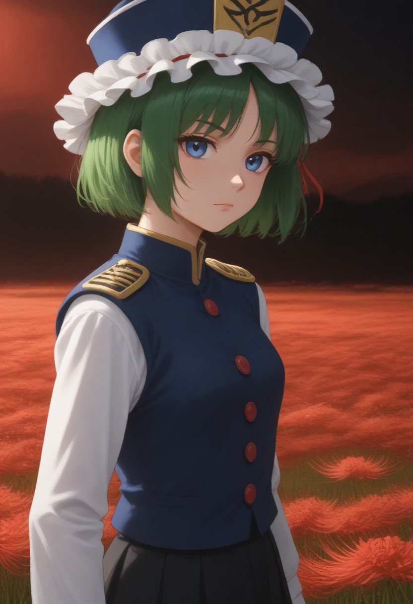 1girl, solo, solo focus, highres, absurdres, shikieiki, green hair, frilled hat, blue eyes, blue headwear, short hair,
long sleeves, black skirt, white shirt, blue vest, red ribbon, epaulettes, small breasts, arm ribbon, buttons, 
looking at viewer, head tilt, from side, 
red spider lily, flower field, night sky, red sky, dark, red theme,