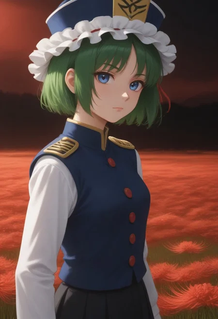 1girl, solo, solo focus, highres, absurdres, shikieiki, green hair, frilled hat, blue eyes, blue headwear, short hair,
long sleeves, black skirt, white shirt, blue vest, red ribbon, epaulettes, small breasts, arm ribbon, buttons, 
looking at viewer, head tilt, from side, 
red spider lily, flower field, night sky, red sky, dark, red theme,