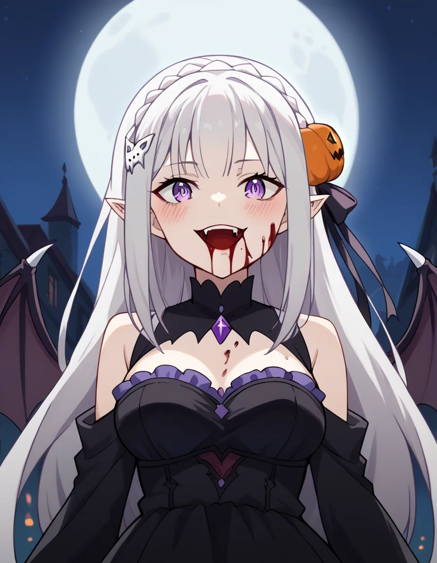 score_9, score_8_up, score_7_up, source_anime, <lora:rezero-emilia-s1s2-ponyxl-lora-nochekaiser:1>, emilia, braid, crown braid, flower, hair flower, hair ornament, hair ribbon, long hair, pointy ears, purple eyes, white hair, x hair ornament, medium breasts,, <lora:vampire-ponyxl-lora-nochekaiser:1>, vampire, red eyes, pointy ears, fangs, black dress, wings, blood, blood on face, blood on mouth, bat (animal), halloween, halloween costume, upper teeth only, night, moon, blush, smile, open mouth,, looking at viewer