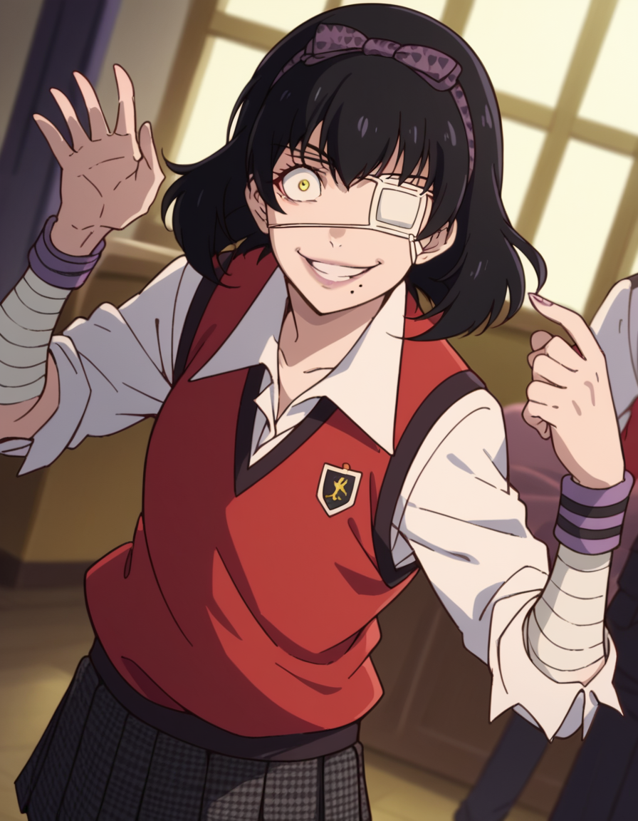 score_9, score_8_up, score_7_up, source_anime, <lora:midari-ikishima-s2-ponyxl-lora-nochekaiser:1>, midari ikishima, short hair, black hair, hairband, mole, eyepatch, mole under mouth, smile, yellow eyes,, skirt, shirt, school uniform, pleated skirt, bandages, wristband, sweater vest, red sweater vest,, indoors, smile, looking at viewer, solo,, cowboy shot, dutch angle