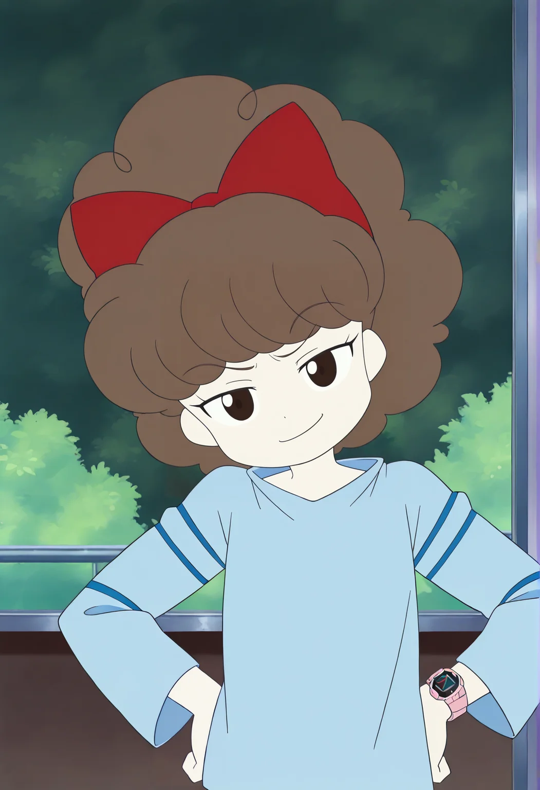 anime screenshot, anime coloring, 1girl, ponytail, long hair, brown hair, black eyes, curly hair, ribbon, blue shirt, long sleeves, wristwatch, hands on own hip, smug, head tilt, <lora:suzie_illus:1>, masterpiece, best quality, amazing quality, very aesthetic, absurdres, highres, newest