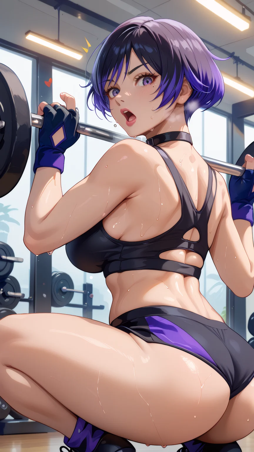 score_9, score_8_up, score_7_up, score_6_up BREAK 1girl, looking at viewer, cowboy shot, looking at viewer, mature female,
<lora:Reinav2_Pony_Dwnsty:1>, reina_def, purple eyes, multicolored hair, black hair, purple hair, short hair, black shirt, choker, crop top, short shorts, black shorts, clothing cutout, fingerless gloves,
medium breasts, lips, surprised, open mouth, heavy breathing, from behind, huge ass, squatting, weightlifting, hands up, sweat, water drop,
indoors, gym,
