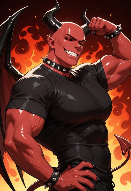solo, male focus, masterpiece, absurdres, very aesthetic, ultra-detailed, amazing quality, masculine, 
1boy, demon, demon horns, black sclera, red eyes, black nails, sharp nails, red skin, devil wings, devil tail, pointy ears, underbite, fangs, muscular, bara, black shirt, short sleeves, huge pecs, abs, spiked choker, spiked bracelets, flexing, grin, teeth, one eye closed, winking, arm up, clenche hand, hand on hip, looking at viewer, half-closed eyes, narrowed eyes, bald, shiny skin, from side, side view,
BREAK 
upper body, half-length portrait, perfect lighting, fiery background, abstract background, 
score_9, score_8_up, score_7_up, WaiIL25PosC, Expressiveh,