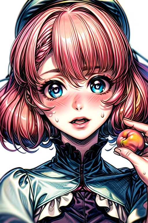 masterpiece, best quality, <lora:lemrina:1>,
lemrina vers envers, 1girl, solo, flower, hairband, dress, blue eyes, bob cut,  short hair, pink hair, blunt bangs, hair ribbon, (best quality) , (highly detailed) ,masterpiece ,absurdres ,detailed face ,beautiful face ,(detailed eyes, deep eyes, anime eyes), 
,food, fruit, hat, peach, shirt, open mouth, looking at viewer, white shirt, upper body, short sleeves, holding, holding food, black headwear, simple background, leaf, frills, bangs,holding fruit, hair between eyes, blush, sweat, teeth, upper teeth only,