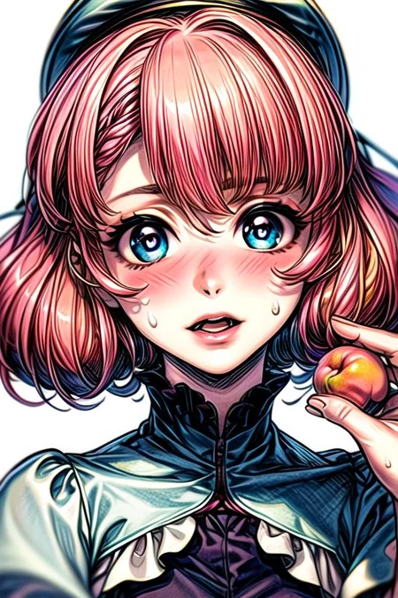 masterpiece, best quality, <lora:lemrina:1>,
lemrina vers envers, 1girl, solo, flower, hairband, dress, blue eyes, bob cut, short hair, pink hair, blunt bangs, hair ribbon, (best quality) , (highly detailed) ,masterpiece ,absurdres ,detailed face ,beautiful face ,(detailed eyes, deep eyes, anime eyes),
,food, fruit, hat, peach, shirt, open mouth, looking at viewer, white shirt, upper body, short sleeves, holding, holding food, black headwear, simple background, leaf, frills, bangs,holding fruit, hair between eyes, blush, sweat, teeth, upper teeth only,