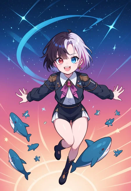 score_9, score_8_up, score_7_up,
masterpiece, best quality, detailed, amazing quality,
detailed background, stars,
detailed eyes, clean eyes,
solo, 1woman,
dynamic pose, jumping, happy, from above,
easynegative,
r1np3nr0s3, two-toned hair, heterochromia, red right eye, blue left eye,
blahaj, shark, plush toy, plush animal,
holding blahaj