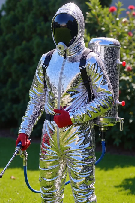 A close-up shot of a man donning a hazmat suit crafted from sparkling silver material that radiates an intense shimmering effect. He holds a spraying apparatus with a attached tank secured to his body. The crisp green backdrop of a backyard lawn serves as a striking contrast to the metallic sheen, while the shiny silver material of the surroundings amplifies the dazzling display.