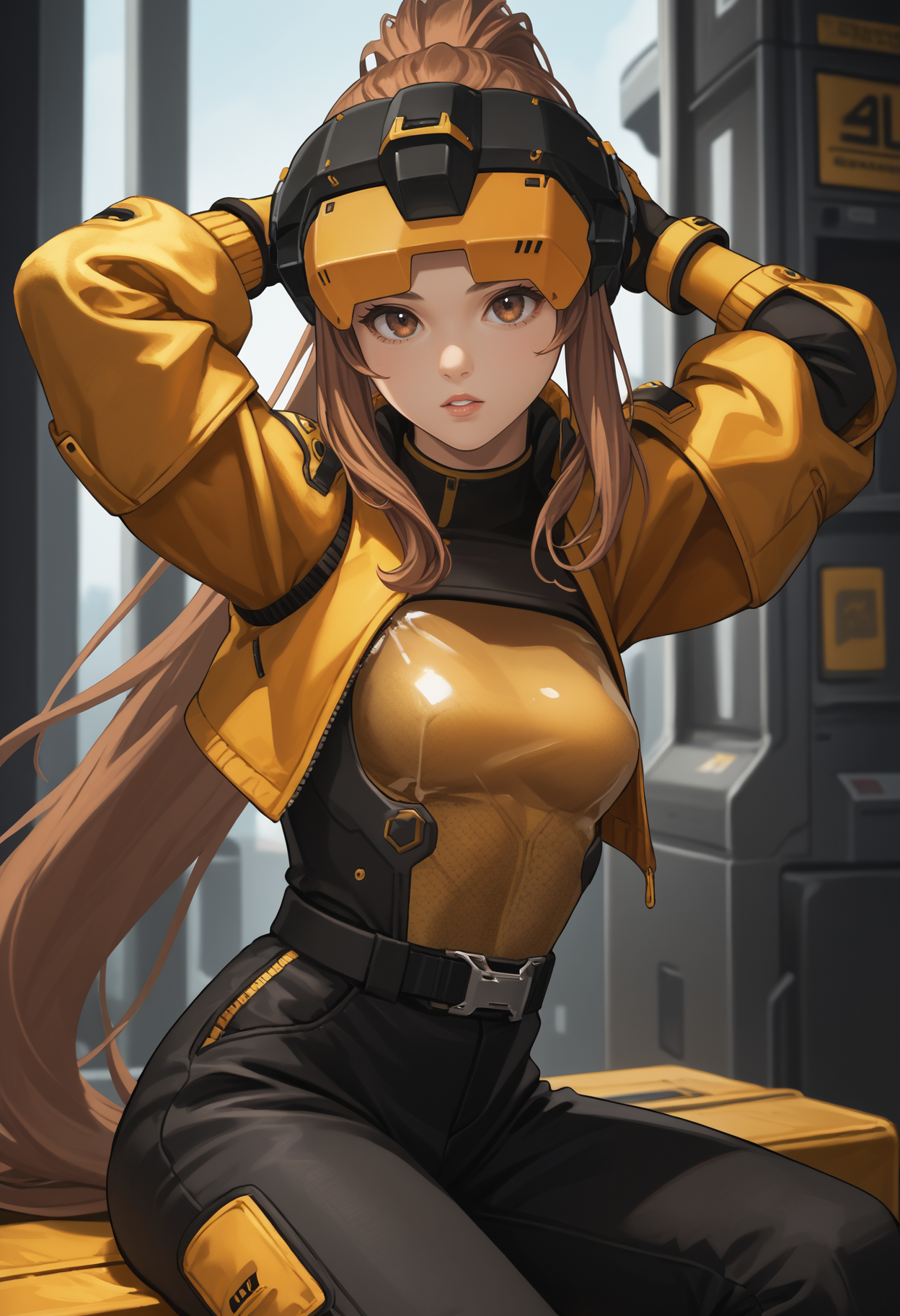 score_9, score_8_up, score_7_up, source_anime BREAK 1girl, solo, <lora:idollflower-nikke-richy-v1_pdxl:1> idllflwr, head-mounted display, brown eyes, brown hair, very long hair, ponytail, jacket, crop jacket, yellow bodysuit, gloves, black pants, arms behind head, parted lips, sitting,