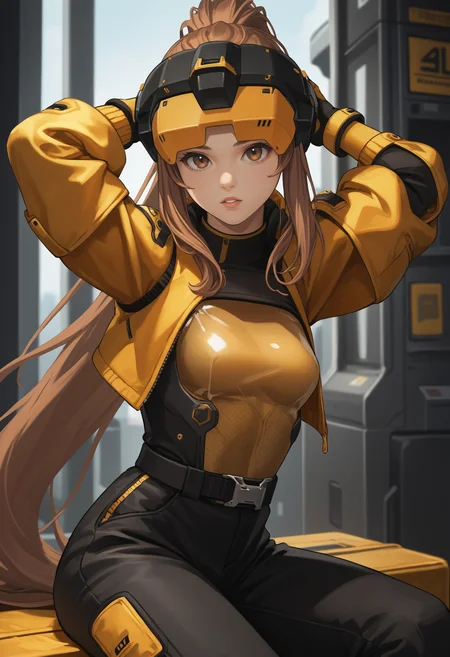 score_9, score_8_up, score_7_up, source_anime BREAK 1girl, solo, <lora:idollflower-nikke-richy-v1_pdxl:1> idllflwr, head-mounted display, brown eyes, brown hair, very long hair, ponytail, jacket, crop jacket, yellow bodysuit, gloves, black pants, arms behind head, parted lips, sitting,