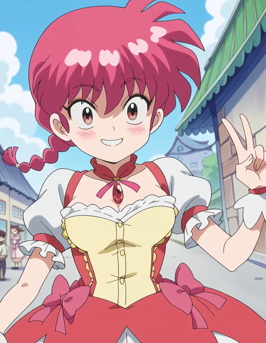 score_9, score_8_up, score_7_up, source_anime, <lora:ranma-saotome-s1-ponyxl-lora-nochekaiser:1>, ranma saotome, braid, red hair, single braid, braided ponytail, red eyes, medium breasts, anime screencap,, <lora:kaname-madoka-cosplay-ponyxl-lora-nochekaiser:1>, kanamemadokacosplay, kaname madoka (cosplay), chest jewel, dress, frilled dress, frills, magical girl, neck ribbon, pink dress, puffy short sleeves, puffy sleeves,, outdoors, streets, smile, blush, v, v over eye, , dutch angle, cowboy shot