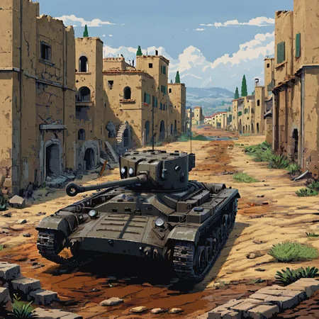 A tank cautiously moves through the muddy and waterlogged terrain of the Italian Campaign, its crew vigilant for enemy ambushes among the ruins of a bombed-out village. The tank's slow pace underscores the grinding progress of Allied forces through Italy's challenging landscapes ((pulp_comic, heavy_lines, hand_drawn, hand_inked, hand_colored, perfect_face, apxlz))