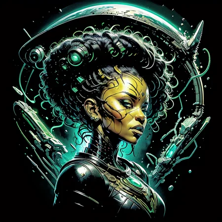 <lora:Black_Women:1> j4da_v2, (masterpiece:1), (best quality:1), high contrast, strong shadows, outlines, <lora:novel:0.2>, <lora:realistic:0.3>, <lora:sharpen-soften:-0.3>, <lora:GoodHands-beta2:0.8>,, BREAK (style-swirlmagic:0.8), solo, from side, side view, upper body, detailed background, detailed face, (<lora:Xenomechanical World:0.6> xenomechanicalworld theme:1.1), techno-occultist, wicked smirk, menacing presence, black wizard clothes, sci-fi high-tech amulet, sci-fi goggles, pale complexion, ( green color scheme:1.1), cyberpunk, union of cursed power and science, floating magical particles, bio-organic, , cursed techno-crystals, invoking machine spirit, underglow, dark ethereal atmosphere,