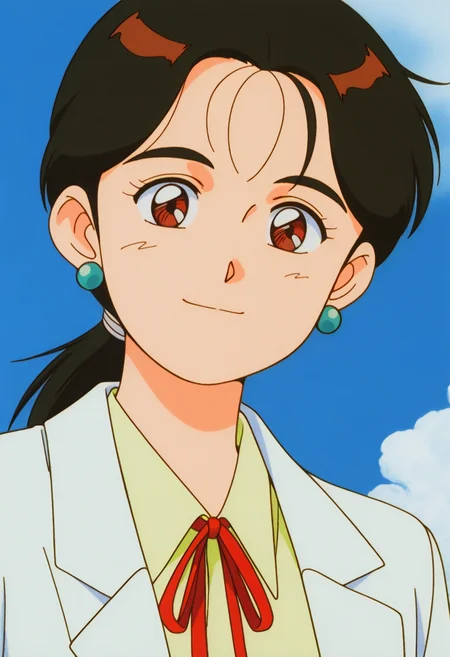 masterpiece, best quality, source_anime,official art,perfect_anatomy,1990s_\(style\),retro_artstyle,1girl,solo,Ruruko Himeki,earrings,neck_ribbon,shirt,Insurance_doctor,white_coat,looking_at_viewer,smile,portrait,day,blue_sky,cloud
