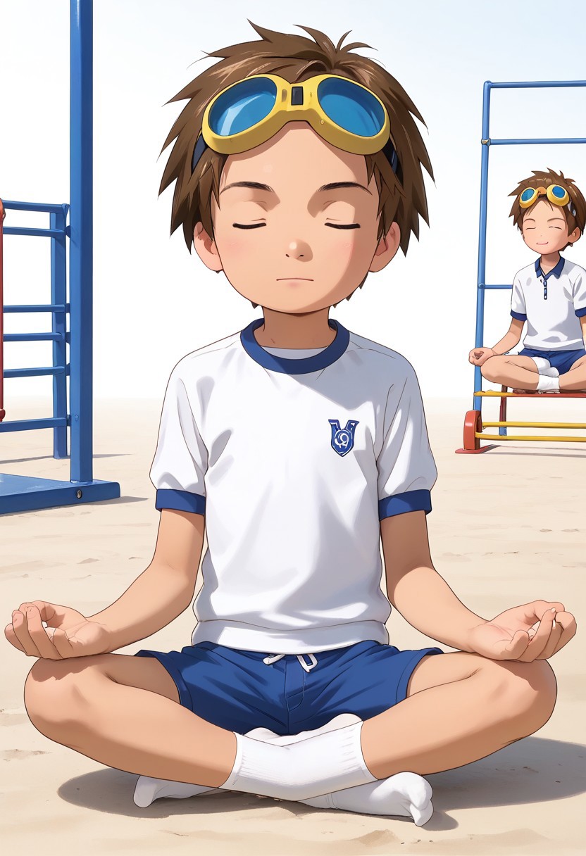 score_9, score_8_up, score_7_up, zPDXL2, 
,
1boy, solo, goggles on head, brown hair, jyojifuku, white shirt,  short sleeves, shorts, gym uniform，playground,hud_m3dit4tion, indian style, sitting, on floor, , , facing viewer, , closed eyes,