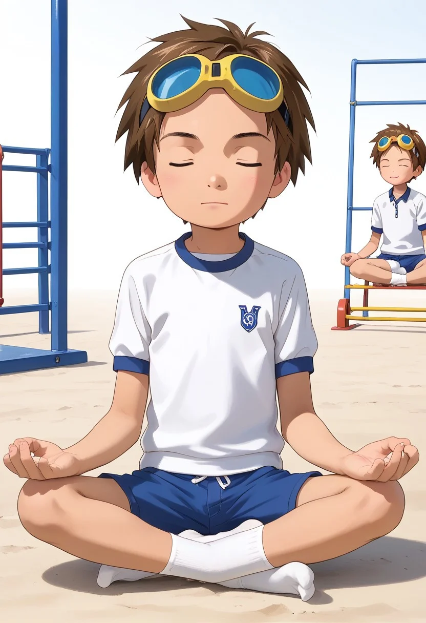 score_9, score_8_up, score_7_up, zPDXL2,
,
1boy, solo, goggles on head, brown hair, jyojifuku, white shirt, short sleeves, shorts, gym uniform,playground,hud_m3dit4tion, indian style, sitting, on floor, , , facing viewer, , closed eyes,