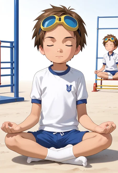 score_9, score_8_up, score_7_up, zPDXL2,
,
1boy, solo, goggles on head, brown hair, jyojifuku, white shirt, short sleeves, shorts, gym uniform,playground,hud_m3dit4tion, indian style, sitting, on floor, , , facing viewer, , closed eyes,
