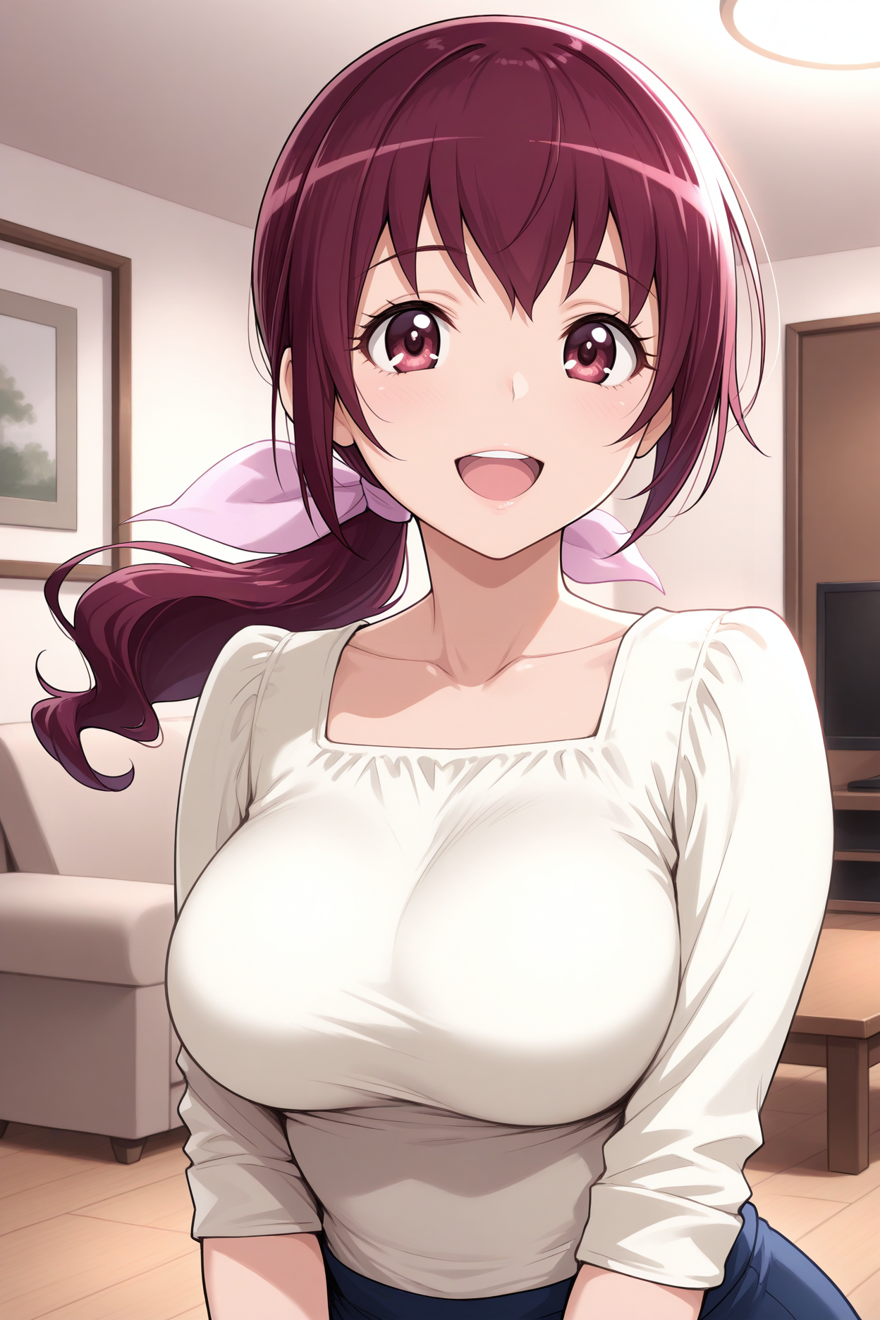masterpiece, best quality, 1girl, solo,   <lora:hoshizoraikuyo-illu-nvwls-v1:1> ihzra, maroon hair, low ponytail, hair ribbon, pink ribbon, maroon eyes, large breasts, mature female, collarbone, beige blouse, sleeves rolled up, dark blue skirt, blue pants, looking at viewer, upper body, happy, open mouth, looking at viewer, living room, indoors, upper teeth only, smile