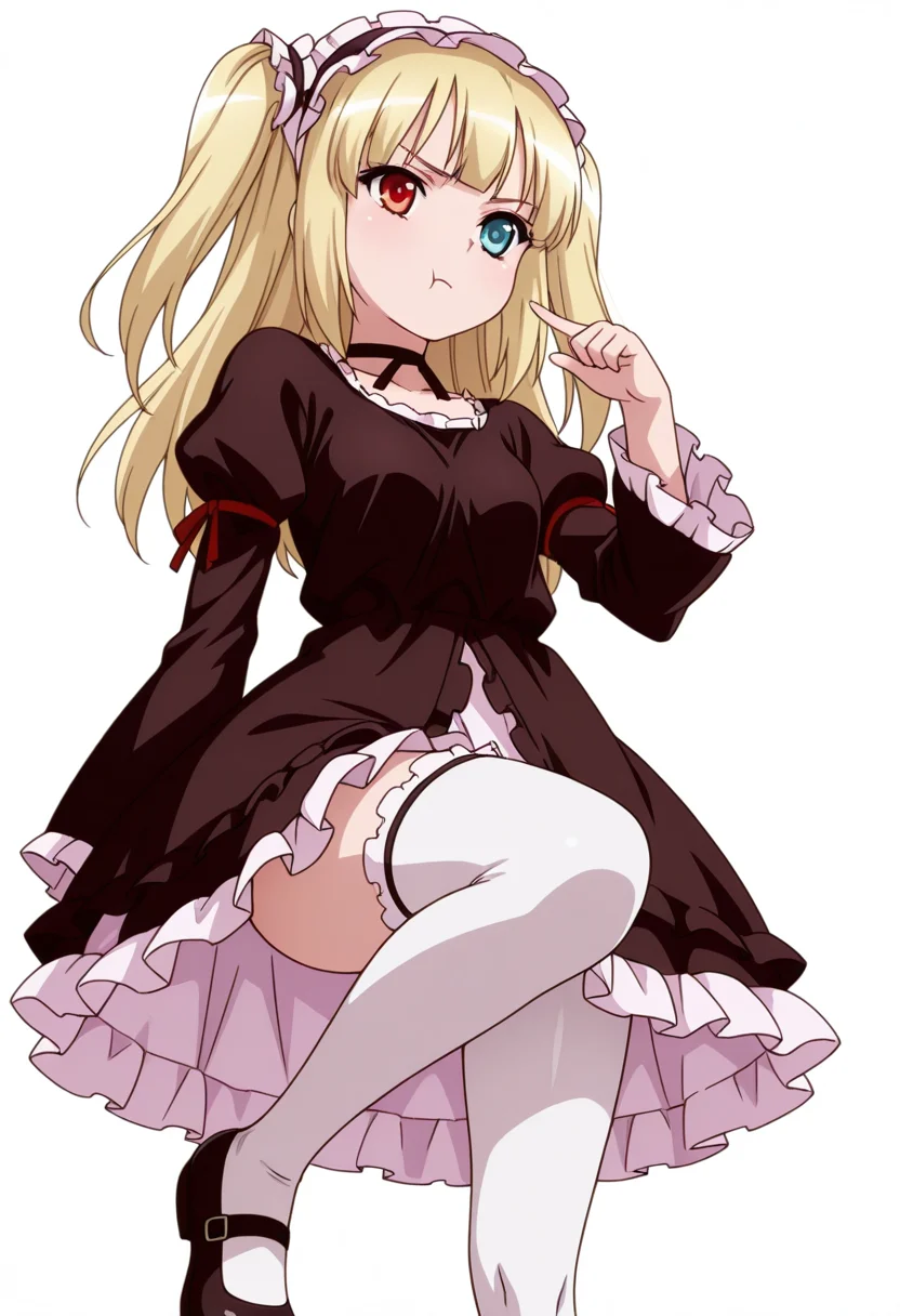 Smooth Quality,masterpiece,very intricate, high quality details, ultra realistic, high detailed skin,detailed enviorement,absurdres,
pointing at self,
<lora:Kobato_Hasegawa_CNR:0.8> kobato_cnr, 1girl, hasegawa kobato, blonde hair, long hair, two side up, heterochromia, red eyes, blue eyes,gothic fashion, dress, maid hairband,choker, thighhighs, pantyhose,mary janes, shoes,, simple background, white background, from below,solo,, :t,