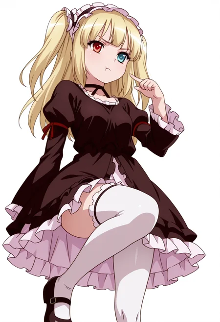 Smooth Quality,masterpiece,very intricate, high quality details, ultra realistic, high detailed skin,detailed enviorement,absurdres,
pointing at self,
<lora:Kobato_Hasegawa_CNR:0.8> kobato_cnr, 1girl, hasegawa kobato, blonde hair, long hair, two side up, heterochromia, red eyes, blue eyes,gothic fashion, dress, maid hairband,choker, thighhighs, pantyhose,mary janes, shoes,, simple background, white background, from below,solo,, :t,