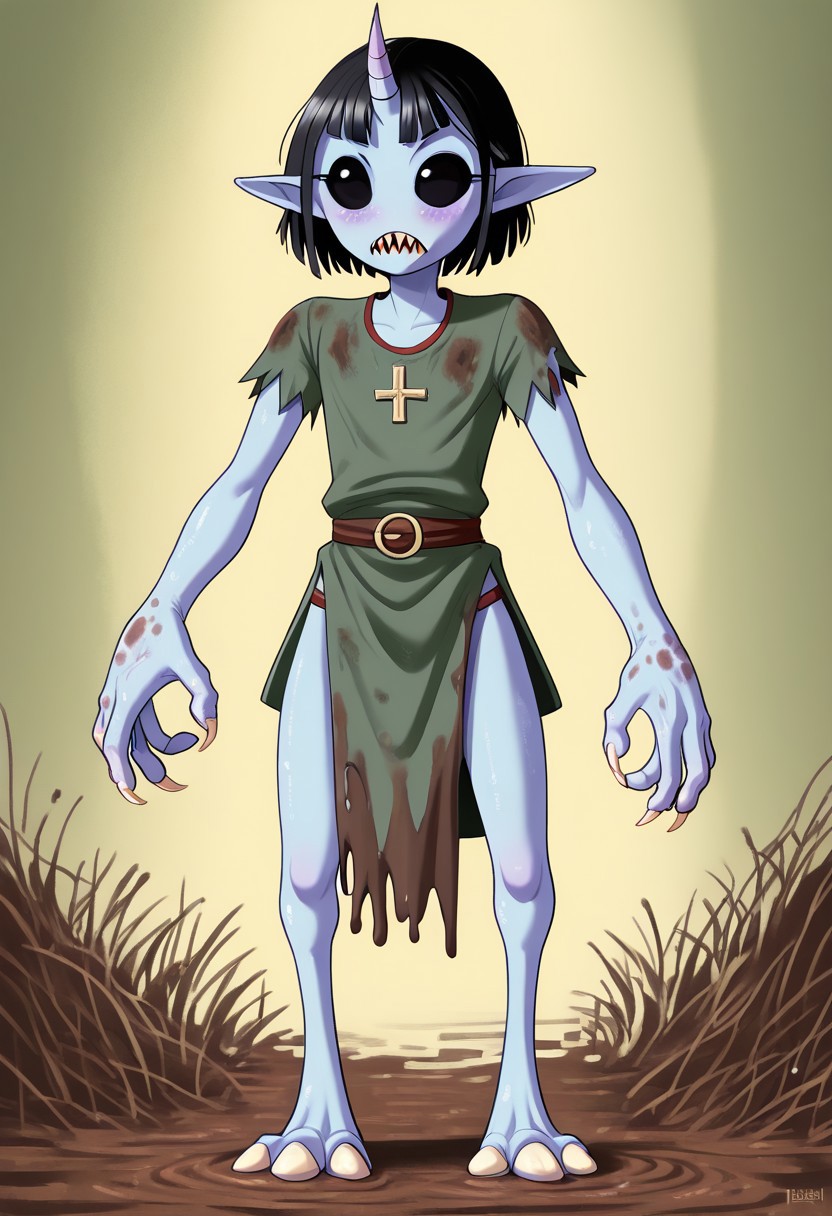 ((Alien humanoid)),
((Alien species)), solo, androgynous, aquatic features 
blue skin, ((webbed hands, skin between fingers)),
((No nose)):1.3, ((nostrils only, nostril slits, vertical nasal slits, narrow nostrils)):1.5, ((narrow eyes)), ((black sclera, black irises)), smooth skin,  pointy ears, small ears, tiny ears, holes in skin, forehead horn, short horn, veiny horn, ((single horn)):1.0, ((4 fingers)), fingernails, thin lips, ((black hair)), ((short hair, spiky hair)), sharp teeth, ((digitigrade legs)), bent legs,
full body shot
ragged clothes, muddy clothes, loincloth, tunic, dirty
Medieval style, fantasy style,
((Variety)):1.2
((dutch angle, 3/4 view))
river background
fully clothed, loose clothing, clean lines, smooth colors, detailed fingers, sfw, source: semi-realistic, rating: pg, score: 8 up, score: 9