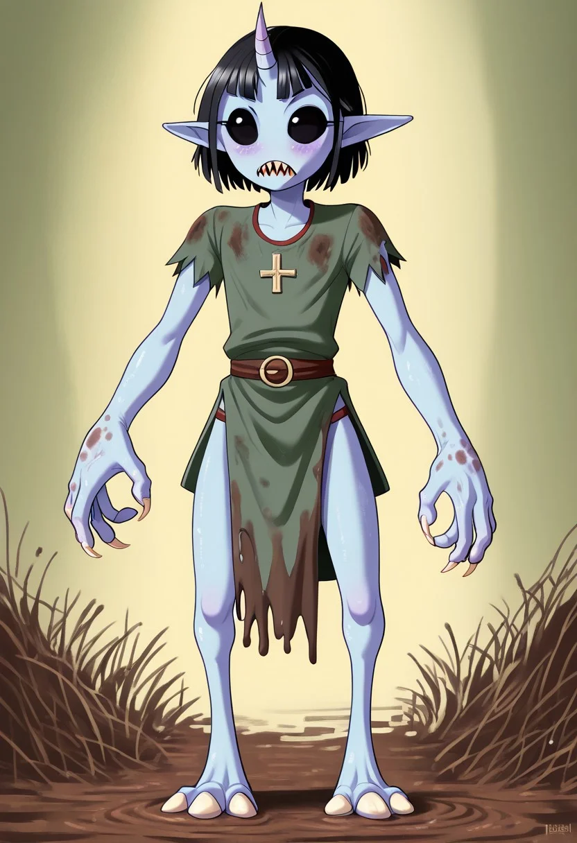 ((Alien humanoid)),
((Alien species)), solo, androgynous, aquatic features 
blue skin, ((webbed hands, skin between fingers)),
((No nose)):1.3, ((nostrils only, nostril slits, vertical nasal slits, narrow nostrils)):1.5, ((narrow eyes)), ((black sclera, black irises)), smooth skin,  pointy ears, small ears, tiny ears, holes in skin, forehead horn, short horn, veiny horn, ((single horn)):1.0, ((4 fingers)), fingernails, thin lips, ((black hair)), ((short hair, spiky hair)), sharp teeth, ((digitigrade legs)), bent legs,
full body shot
ragged clothes, muddy clothes, loincloth, tunic, dirty
Medieval style, fantasy style,
((Variety)):1.2
((dutch angle, 3/4 view))
river background
fully clothed, loose clothing, clean lines, smooth colors, detailed fingers, sfw, source: semi-realistic, rating: pg, score: 8 up, score: 9
