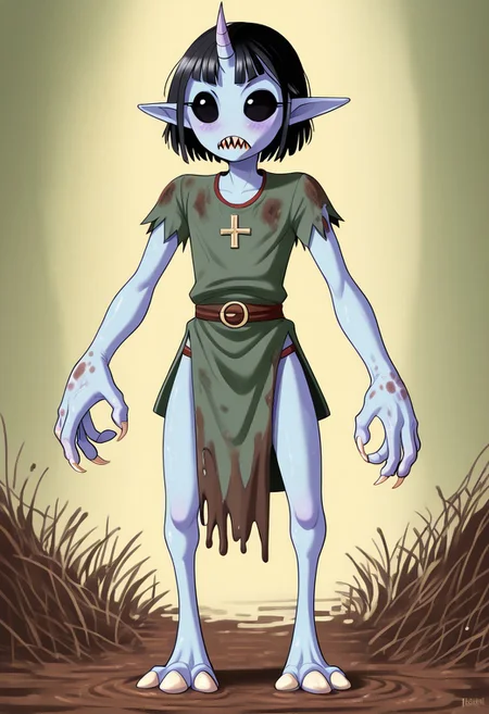 ((Alien humanoid)),
((Alien species)), solo, androgynous, aquatic features
blue skin, ((webbed hands, skin between fingers)),
((No nose)):1.3, ((nostrils only, nostril slits, vertical nasal slits, narrow nostrils)):1.5, ((narrow eyes)), ((black sclera, black irises)), smooth skin, pointy ears, small ears, tiny ears, holes in skin, forehead horn, short horn, veiny horn, ((single horn)):1.0, ((4 fingers)), fingernails, thin lips, ((black hair)), ((short hair, spiky hair)), sharp teeth, ((digitigrade legs)), bent legs,
full body shot
ragged clothes, muddy clothes, loincloth, tunic, dirty
Medieval style, fantasy style,
((Variety)):1.2
((dutch angle, 3/4 view))
river background
fully clothed, loose clothing, clean lines, smooth colors, detailed fingers, sfw, source: semi-realistic, rating: pg, score: 8 up, score: 9