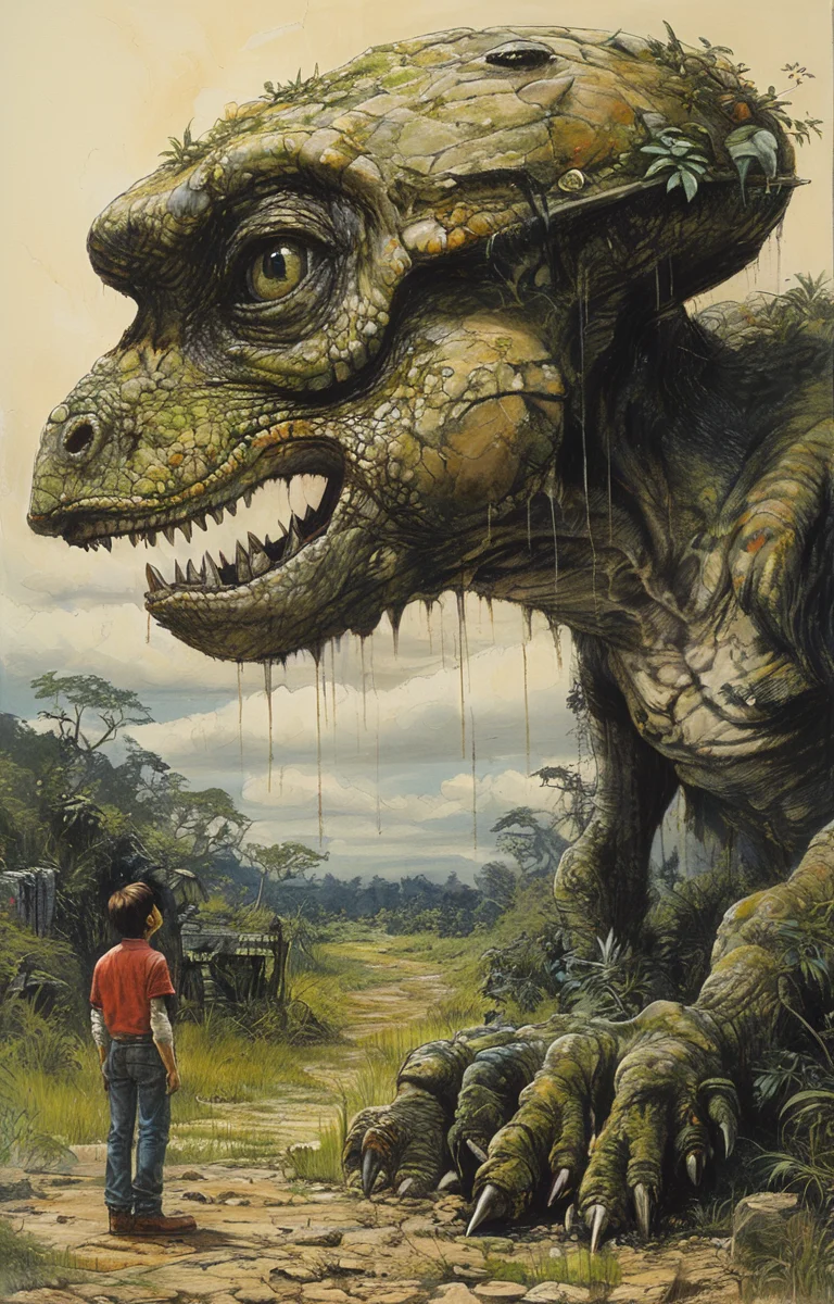 masterpiece,best quality,<lora:tbh275-sdxl:0.9>,illustration,style of William Stout,jurassic park, portrait of noble man
