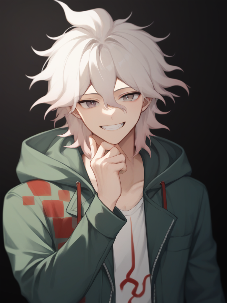 score_9,score_8_up,score_7_up,<lora:danganronpa_all:1>,1boy, character: komaeda nagito, solo, black background, male focus, hand up, grin, teeth, brown eyes, grey eyes, hair between eyes, grey hair, messy hair, green jacket, hooded jacket, open jacket, print shirt, hood down, long sleeves, absurdres, highres