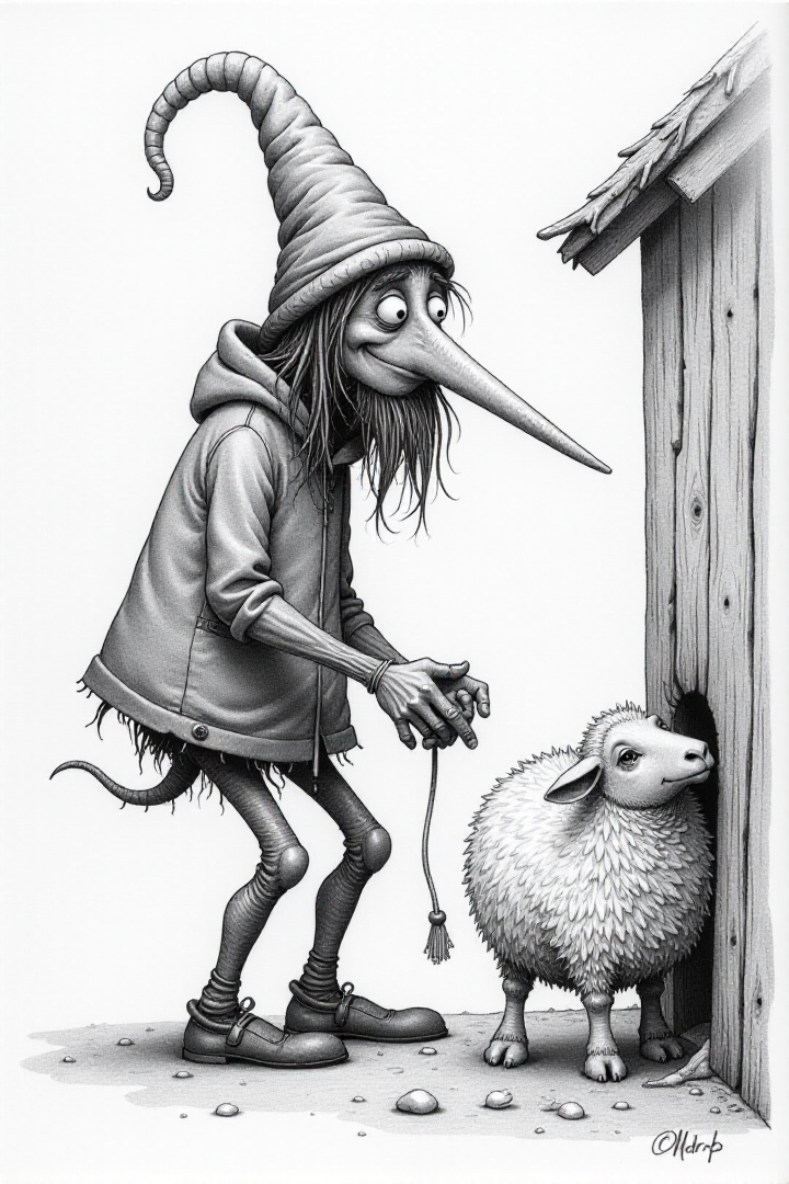 pencil drawing in a naive style, based on the Icelandic Yule Lads,  Stekkjastaur (Steeplecote): A tall, lanky Yule Lad with a long nose, sneaking into a sheep pen to steal milk.âââ
