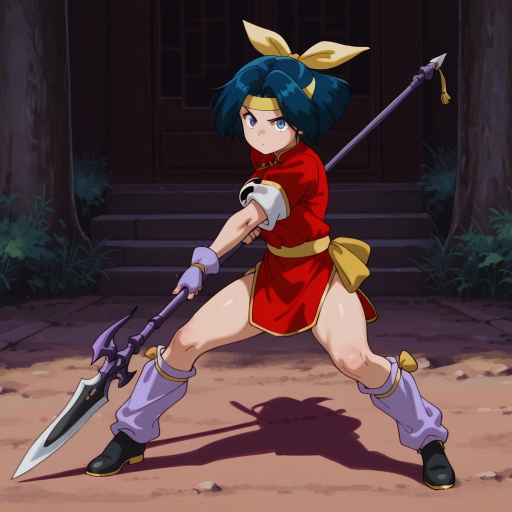 masterpiece, best quality, amazing quality, AzusakanIl, human, female, blue hair, blue eyes, outside, yellow headband, bow, red chinese dress, gold trim, yin yang, yellow sash belt,  purple gloves, fingerless gloves, black shoes, purple leg warmers, holding polearm, fighting stance
