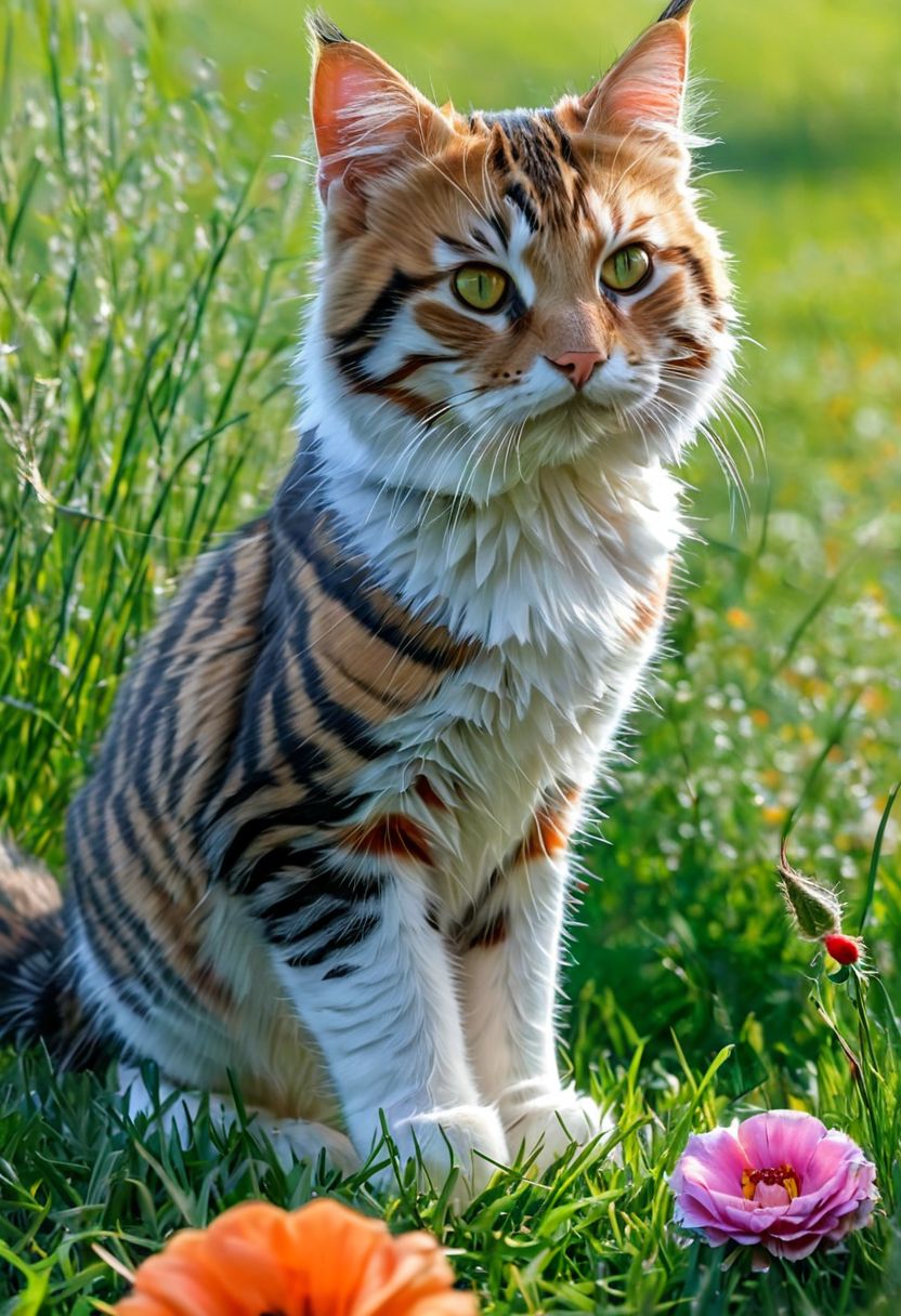 Full body illustration of ultra realistic very detailed cute orange red Siberian cat with big green very detailed dreamy cosmic eyes hiding in a very realistic very detailed colorful field of flowers in a realistic very detailed meadow, realistic very detailed grass, realistic very detailed trees, highest contrast, masterpiece, 32k, high contrast, vibrant colors, vivid colors, high resolution textures, crisp colors, ultra sharp, sharp focus, <lora:xl_more_art-full_v1:0.28>,
 <lora:add-detail-xl:1>,
 <lora:WildcardX-XL-Detail-Enhancer:0.7>  ,
 <lora:ral-vltne:0.8>