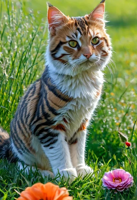 Full body illustration of ultra realistic very detailed cute orange red Siberian cat with big green very detailed dreamy cosmic eyes hiding in a very realistic very detailed colorful field of flowers in a realistic very detailed meadow, realistic very detailed grass, realistic very detailed trees, highest contrast, masterpiece, 32k, high contrast, vibrant colors, vivid colors, high resolution textures, crisp colors, ultra sharp, sharp focus, <lora:xl_more_art-full_v1:0.28>,
<lora:add-detail-xl:1>,
<lora:WildcardX-XL-Detail-Enhancer:0.7> ,
<lora:ral-vltne:0.8>