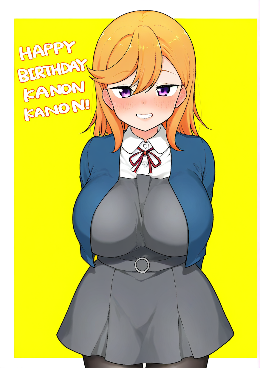 <lora:Puddpudding:1>,1girl, shibuya kanon, huge breasts, arms behind back, birthday, black pantyhose, blue jacket, blush, collared shirt, cowboy shot, dress, grey dress, grin, happy birthday, jacket, long sleeves, looking at viewer, medium hair, neck ribbon, orange hair, pantyhose, pinafore dress, purple eyes, red ribbon, ribbon, school uniform, shirt, sleeveless, sleeveless dress, smile, solo, swept bangs, teeth, white shirt, yuigaoka school uniform,