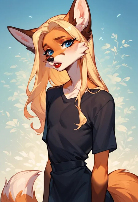 masterpiece, score_9_up, score_8_up, score_7_up, score_6_up, score_5_up, source_furry, (best quality:1.1), ultra-detailed, high resolution, 1girly male, anthro fox, feminized male, Girly, Femboy, (beautiful blue eyes), Long eyelashes, red lipstick, Long eyelashes, Blonde long hair, black nose, sad facial expression, cry, depressive, Fox tail, black shirt BREAK Highly Visible, sharp focus, anatomically correct, extremely detailed, high detail, Expressiveh, abstract background, OverallDetail, zPDXL3