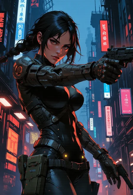 magnificent, closeup portrait, female bounty hunter, braided black hair, futuristic armor, bodysuit, armor plating, cybernetic equipment, sexy, curvy, large breasts, large ass, aiming an assault rifle, assault rifle, aiming rifle, holstered pistol, Cyberpunk City, Neon Lights, foreshortening,
solo, 
Cowboy Shot, close up, from above,