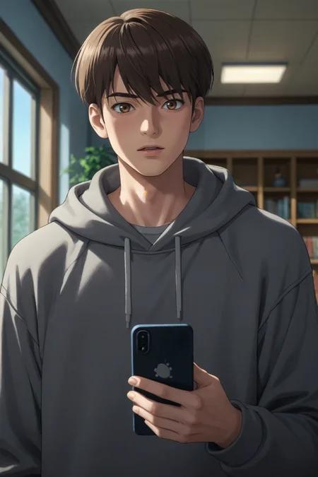 score_9, score_8_up, score_7_up, source_anime, rating_safe, , (realistic:0.6), , depth of field, 1boy, solo, male focus, , , <lora:LeeJoon:0.89>,lee joon,brown eyes,brown hair,short hair,hair between eyes,bangs,open mouth, shirt, jacket, upper body,holding,indoors, hood, window, hoodie, phone, looking down, cellphone, grey shirt, smartphone, holding phone, grey hoodie, looking at viewer , , , <lora:sdxl_lightning_8step_lora_315544:1>
