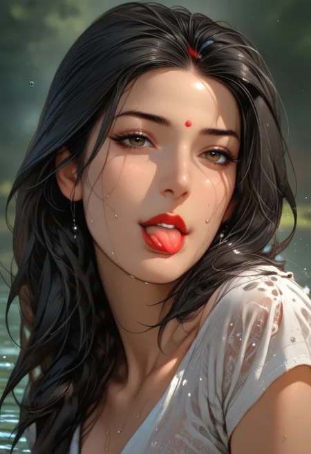 (score_9, score_8_up, score_7_up), 1 girl, portrait, savita bhabhi, black hair, face, obscured, water droplets, mist, black lips, muted tones, gaze, upwards, tongue out
