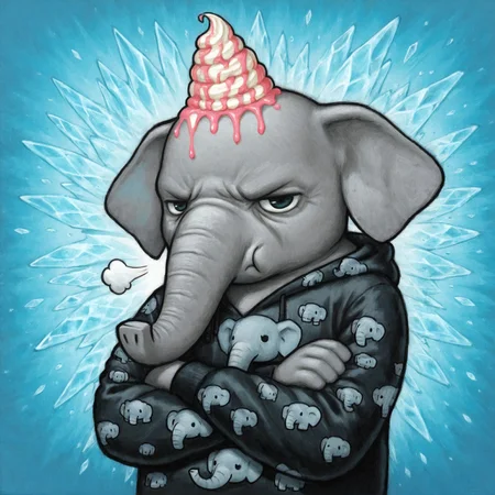 solo, lukch, no humans, upper body, elephant, ice cream on head, arms crossed, grumpy, pout, ears down, print hoodie,
traditional media, best quality, absurdres, [dynamic pose]