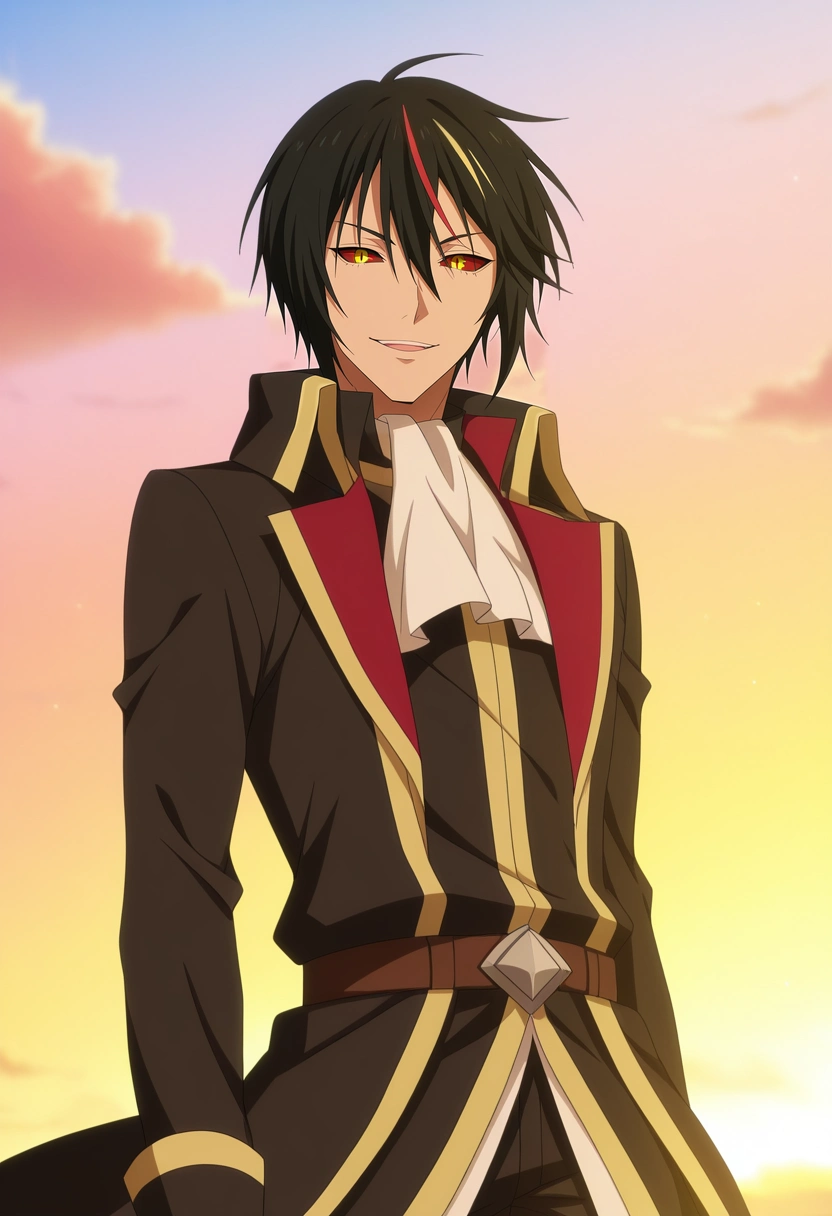 masterpiece, best quality, , anime screencap, anime coloring, official style, looking at viewer, 1boy, solo, male focus, <lora:diablo_tensura_ilxl:0.94>, diablo_tensura, black hair, yellow eyes, multicolored hair, streaked hair, red hair, hair between eyes, colored sclera, , sky carnival, cloud rides, wind swings, misty games, joyful pose, exhilarated expression, bright day,