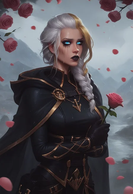 score_9, score_8_up, score_7_up, (realistic:1.2), mysterious girl, alluring goddess,, smooth, very detailed, etra detailed, intricate details, highly detailed, masterpiece, best quality, amazing quality, (wet hair:1.2), 1girl, solo, single hairbraid, cherry blossoms falling around her, misty mountains in the background, sad, beautiful woman, curvy, Jaina Proudmoore, 1girl, mature female, (bicoloured hair:1.2), white hair, blonde hair, blue eyes,glowing eyes, pupils, storm, anchor necklace, (3/4 body shot:1.3), dark, thunder, rainy:1.2, windy:1.2, mountains at the background, (burgundy lightning:1.2), black lips, sith lord, star wars, sith, black hood, black cape, hood on head, turtleneck, (total black clothing:1.2),, jainapost, (fully clothed), (she holding pink rose:1.3), (looking at viewer),roses, pink roses, roses, rose petals, rose, (dramatic atmosphere), (detailed background), (three-quarter view), (running mascara:1.1)